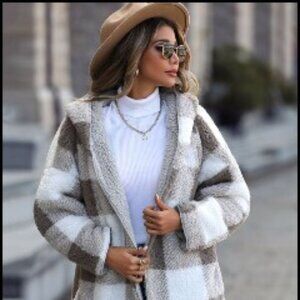 RS: Plaid Open Front Hooded Coat